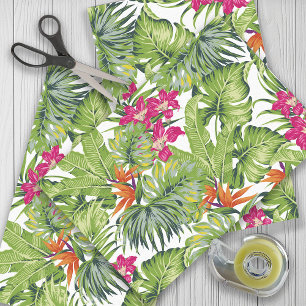 Papier Mousseline Vert Feuilles Tropical Rose Orange Fleurs