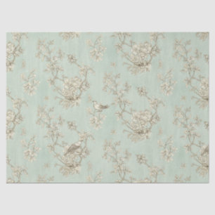 Papier Mousseline Vert menthe toile de Jouy française oiseaux et fle