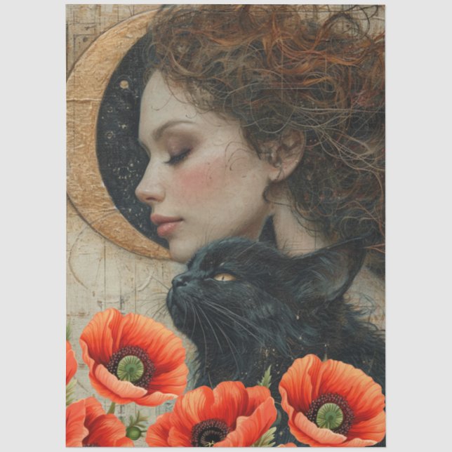 Papier Mousseline Victorian Girl Chat noir Rouge Poppies Art Abstrai (Recto)