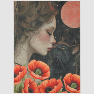 Papier Mousseline Victorian Girl Chat noir Rouge Poppies Art Abstrai
