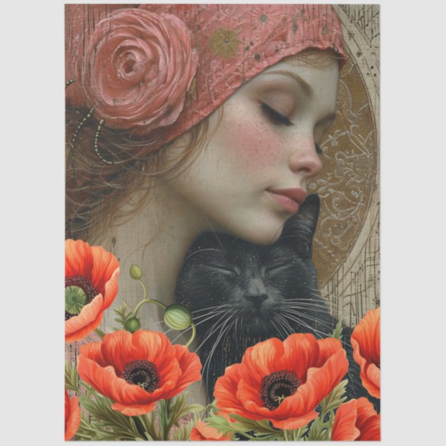 Papier Mousseline Victorian Girl Chat noir Rouge Poppies Art Abstrai (Recto)