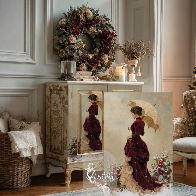Papier Mousseline Victorian Lady Christmas Decoupage Tissue Paper (Victorian lady print displayed against cream cabinet showing burgundy gown and parasol in detail)