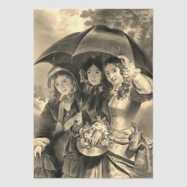 Papier Mousseline Victorian lady umbrella rainy day sepia (Recto)