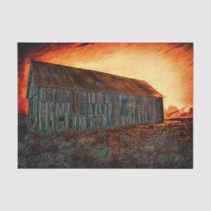 Papier Mousseline Vieille grange rustique orange marron au coucher d