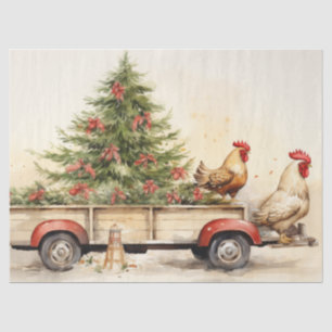 Papier Mousseline Vieux camion remorque avec pin d'hiver et poulets