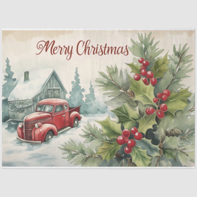 Papier Mousseline Vieux Camion Rouge Joyeux Noël (Recto)