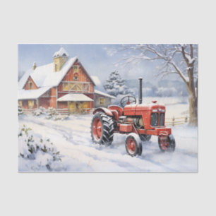 Papier Mousseline Vieux tracteur et grange Snown Ferme d'hiver Noël