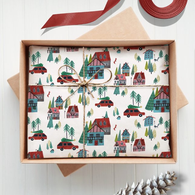 Papier Mousseline Village de patinage de Noël de village nordique (Cute Nordic skating Village Christmas Pattern Tissue Paper)