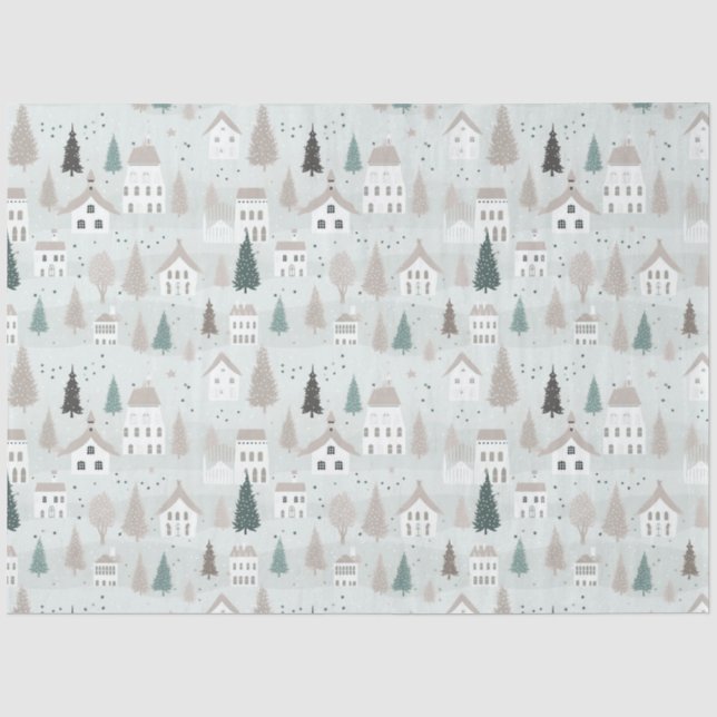 Papier Mousseline Village Maisons Arbres Oiseaux Noël (Recto)