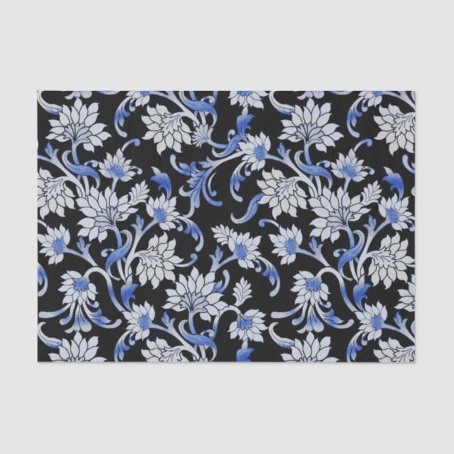 Papier Mousseline Vin floral noir, bleu et blanc élégant (Recto)