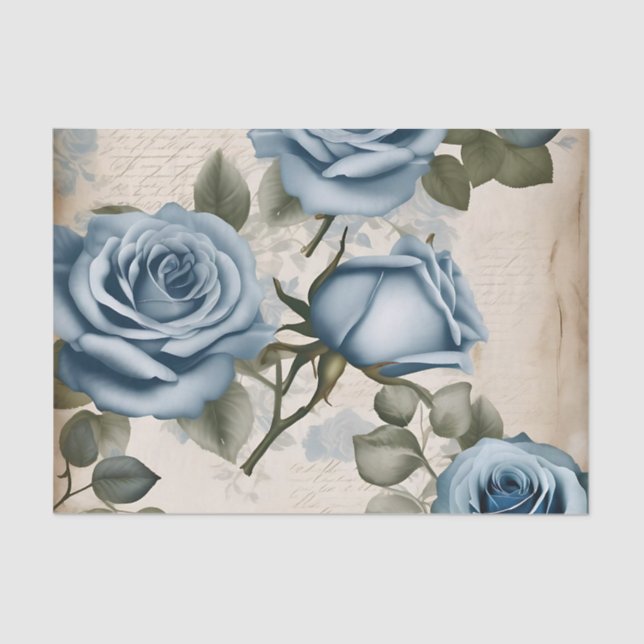 Papier Mousseline Vintage bleu Roses Shabby (Recto)