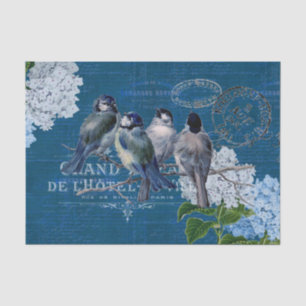 Papier Mousseline Vintage Blue Birds Fleurs Français Tissu Papier