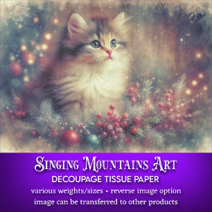 Papier Mousseline Vintage Christmas Kitten Antique Art Découpage