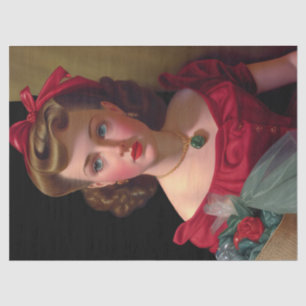 Papier Mousseline Vintage Dame en robe rouge Rose Découpage Rétro