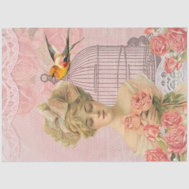 Papier Mousseline Vintage Dame victorienne et cage à oiseaux. (Recto)