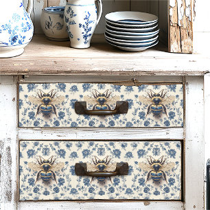 Papier Mousseline Vintage Delft Blue Gold Honey Bee Cottagecore