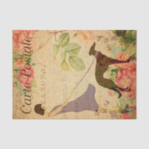 Papier Mousseline Vintage des années 1920 Femme et Chien Floral Fran