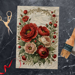 Papier Mousseline Vintage Elegant Red et crème Peonies