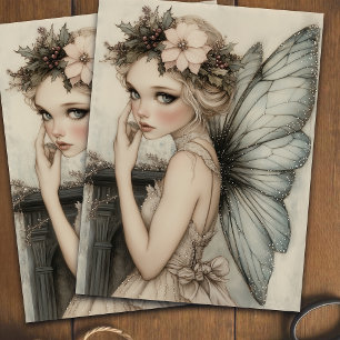 Papier Mousseline Vintage Fée de Noël avec Couronne Florale