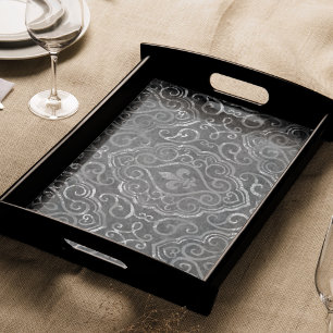 Papier Mousseline Vintage Fleur de Lis   Black Silver Grunge Damask