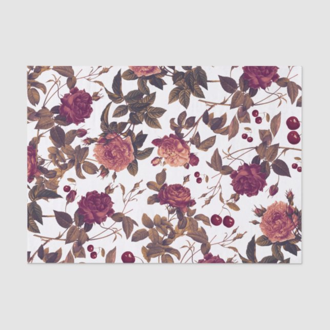 Papier Mousseline Vintage Floral Bourgogne Rose Cherry (Recto)