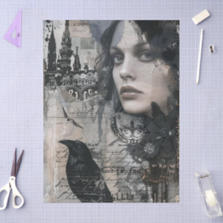 Papier Mousseline Vintage Gothic Girl & Raven Decoupage