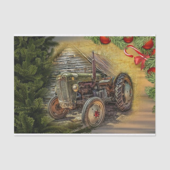Papier Mousseline Vintage Green Tractor Grange Noël (Recto)