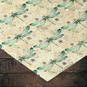 Papier Mousseline Vintage Look Green Dragonfly et Flowers sur Tan