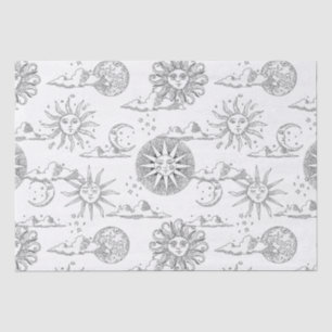 Papier Mousseline Vintage Motif céleste de la Lune Soleil noir et bl