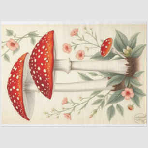 Papier Mousseline Vintage Mouche Agaric Rouge Champignons blancs Déc