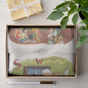Papier Mousseline Vintage Noël Père Noël avec elfes dans l'atelier