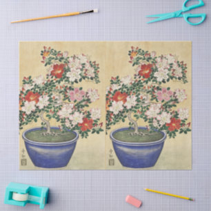 Papier Mousseline Vintage Ohara Koson Azalée dans un pot bleu Art