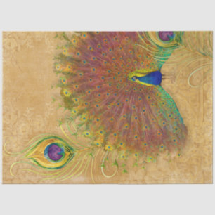 Papier Mousseline Vintage Peacock Feather Blue Gold Floral Damask