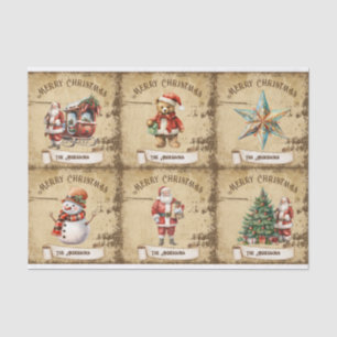 Papier Mousseline Vintage Père Noël Sleigh Snowman Arbre étoile Ours