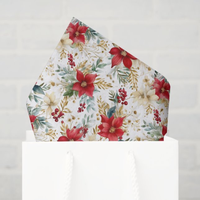 Papier Mousseline Vintage Poinsettia Motif Noël (Sac cadeau)
