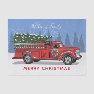 Papier Mousseline Vintage Red Fire Truck Arbre de Noël Nom de famill