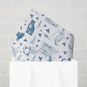 Papier Mousseline Vintage Retro Toile Motif Chat Catnip Blanc Bleu