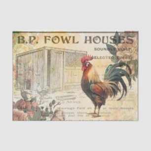 Papier Mousseline Vintage Rooster Hen House Advert Decoupage Tissu