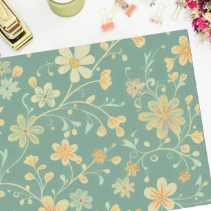 Papier Mousseline Vintage Sage Retro Jaune Moyenne Siècle Floral