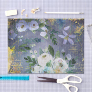 Papier Mousseline Vintage script d'aquarelle florale, or bleu acier