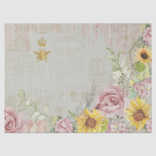 Papier Mousseline Vintage Script Floral Tournesol Aquarelle Sage