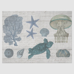 Papier Mousseline Vintage Sea Life Coral Tortue Starfish Coques Bois
