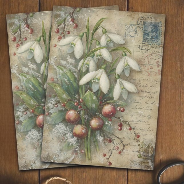Papier Mousseline Vintage Snowdrop and Berry Bouquet Decoupage  (Créateur téléchargé)