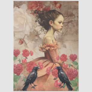 Papier Mousseline Vintage Victorian Girl Raven & Red Cabbage Roses