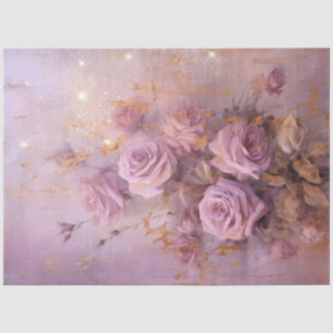 Papier Mousseline Vintage violet anglais bouquet rose feuille d'or