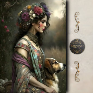 Papier Mousseline Vintage Woman Dog Portrait Decoupage