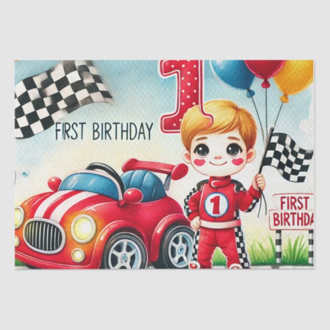 Papier Mousseline Voiture de course 1er anniversaire Garçon Aquarell (Recto)