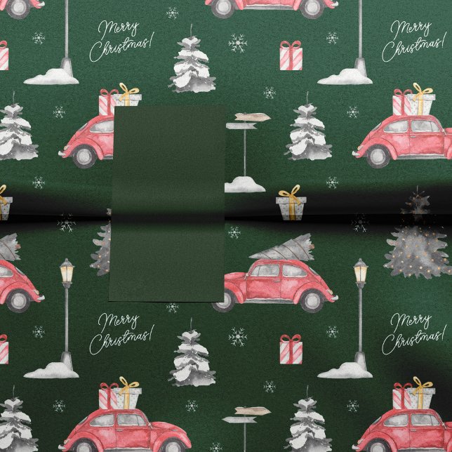 Papier Mousseline Voiture rouge Motif d'hiver Joyeux Noël vert (Créateur téléchargé)