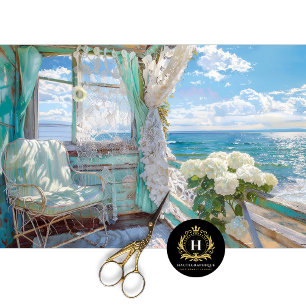 Papier Mousseline Vue de fenêtre romantique sur la mer en découpage