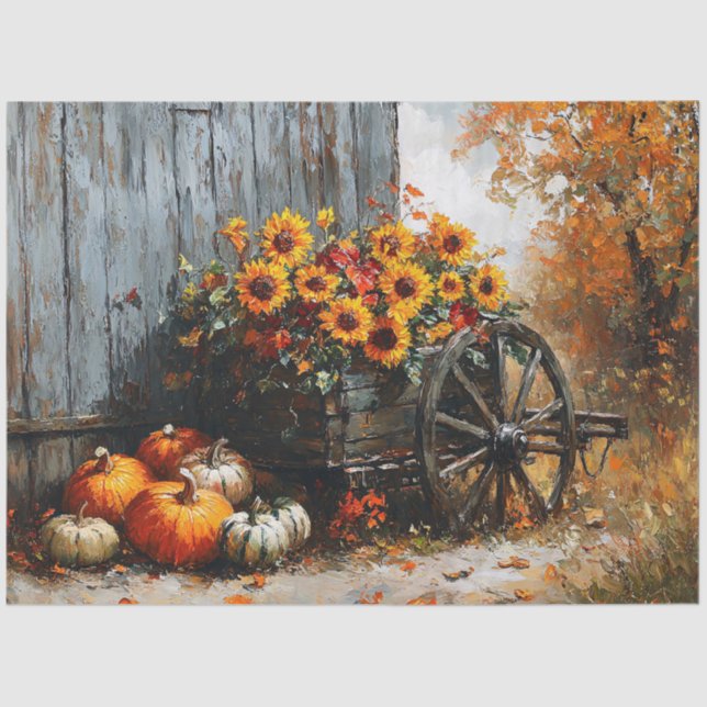 Papier Mousseline Wagon rustique avec Citrouilles et tournesols (Recto)